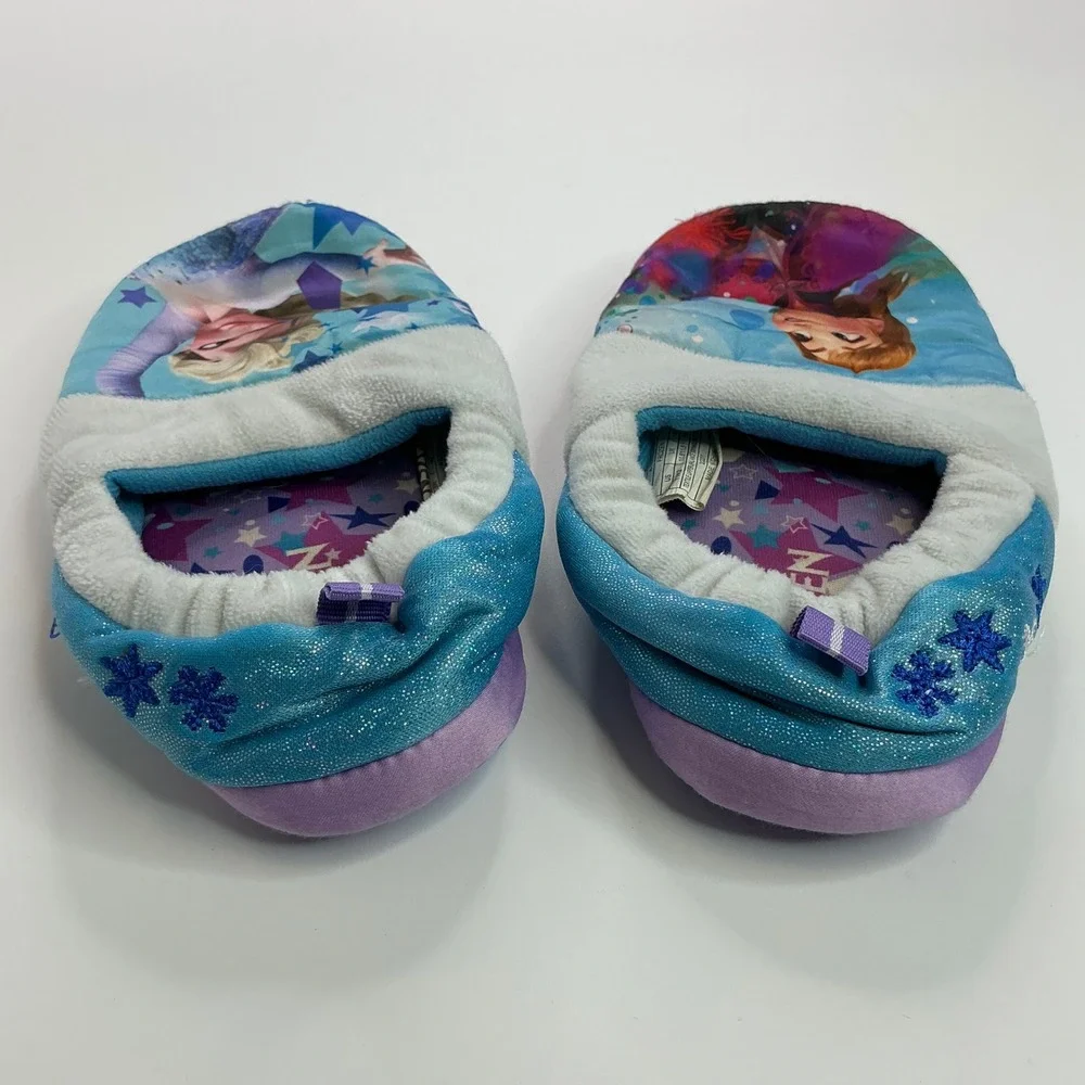 Disney Blue Frozen Slippers Kids 11/12 Anna Elsa Sparkle House Shoes